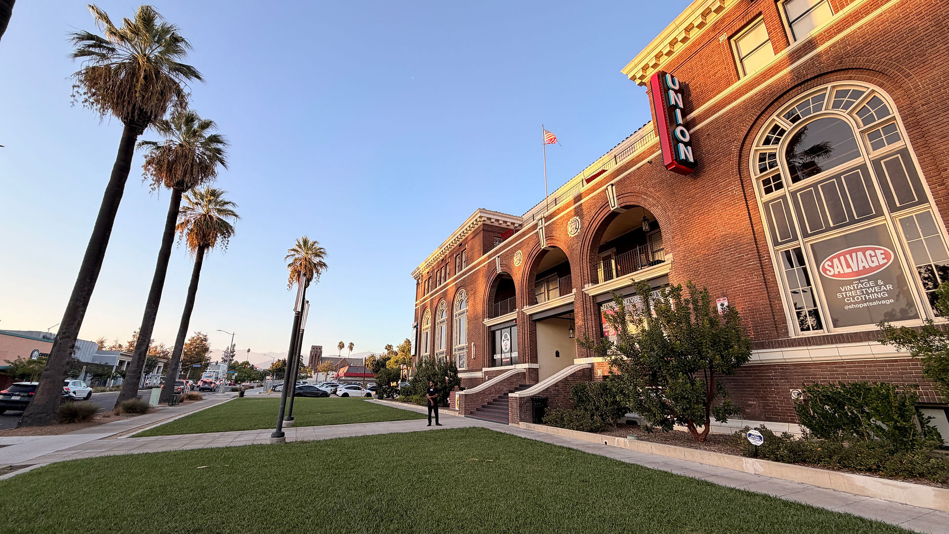 Restored brick façade and arched windows of The Union on Garey in downtown Pomona